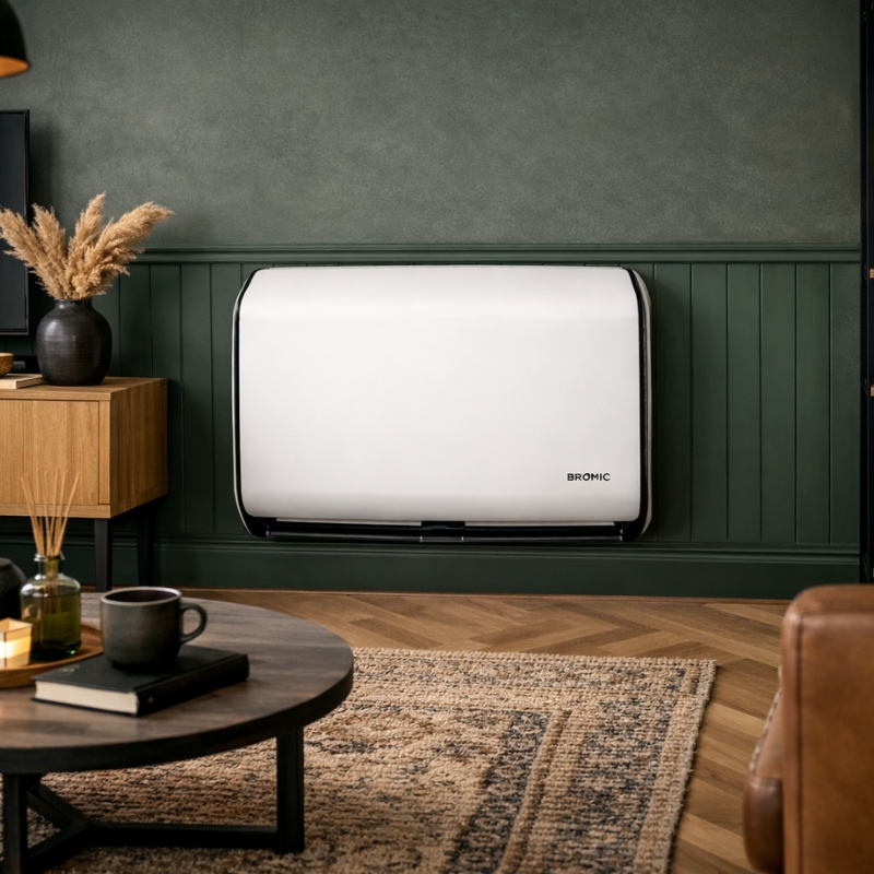 Bromic gas heater on green feature wall in lounge room