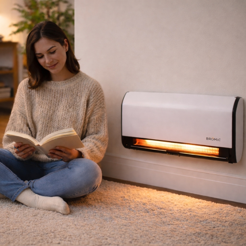 Woman reading beside operating Bromic gas heater at home