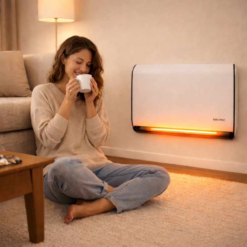 Woman holding mug beside Bromic gas heater in lounge room