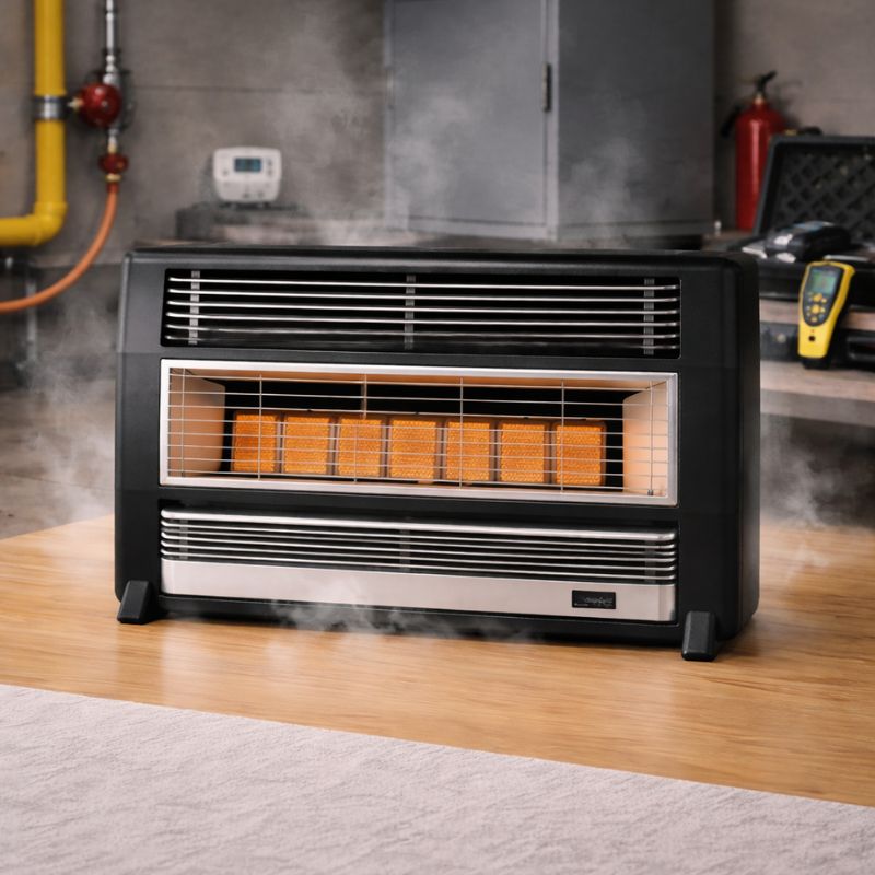 Freestanding gas heater operating during smoke and safety check