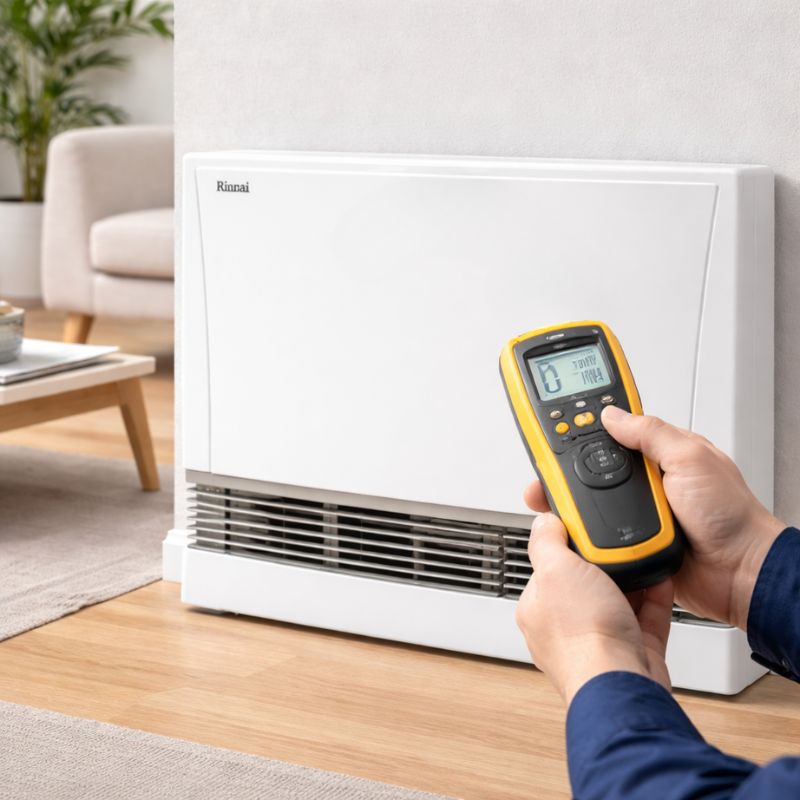 Rinnai gas heater being tested with handheld diagnostic meter