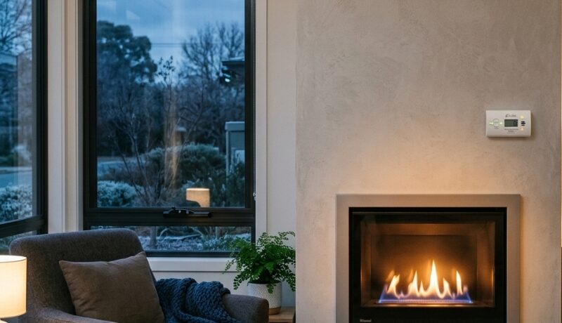 Carbon monoxide alarm near a gas heater in a Canberra home showing early warning signs for household safety