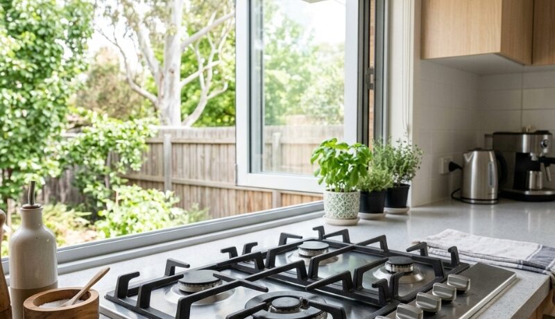 Gas safety plan for Canberra homes showing a kitchen gas cooktop, open window, and caution warning symbol with no people.