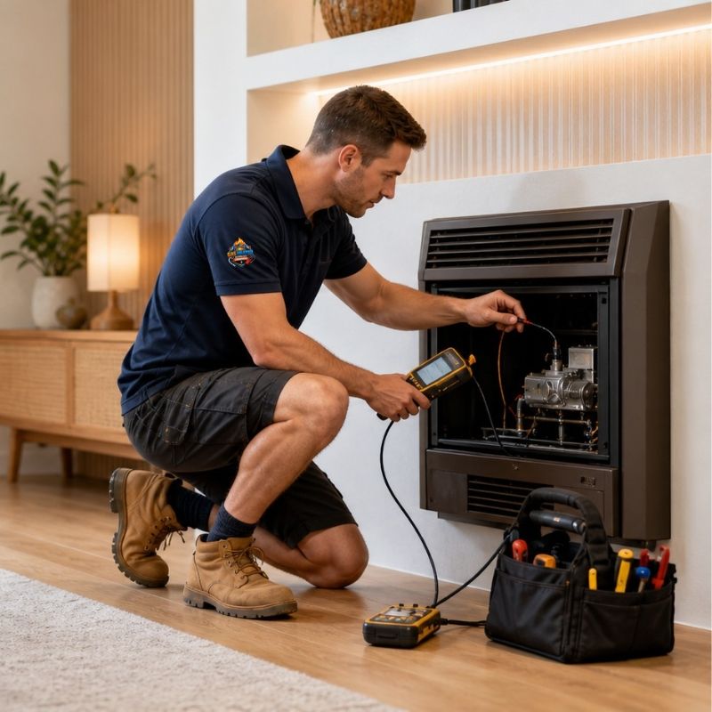 Oxley Licensed gasfitter servicing an indoor gas heater with testing equipment.