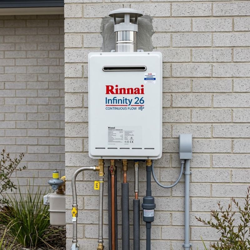 Rinnai Infinity hot water Canberra continuous flow unit close up