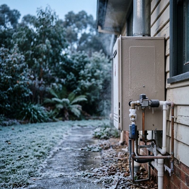 Outdoor hot water system covered in frost on a cold Canberra winter morning