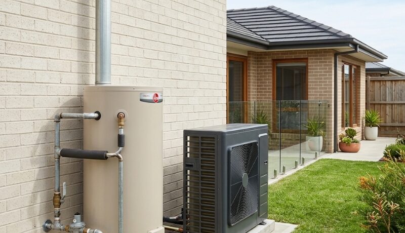 Modern electric heat pump hot water unit installed in a well-ventilated backyard space