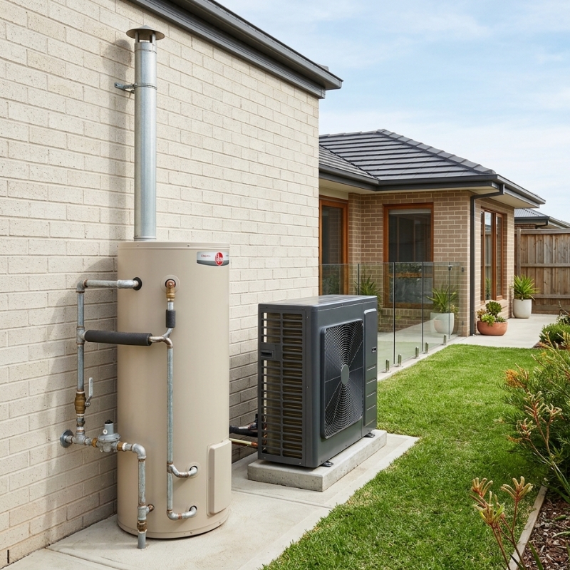 Modern electric heat pump hot water unit installed in a well-ventilated backyard space