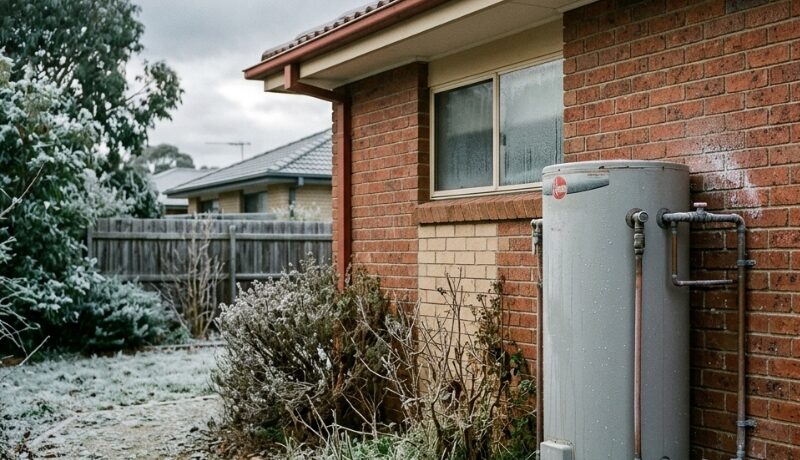 Outdoor hot water system installed beside a Canberra home with light frost on surrounding ground and pipes.