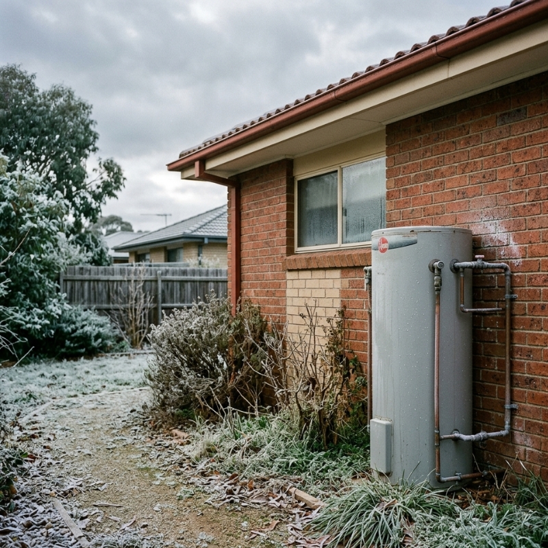 Outdoor hot water system installed beside a Canberra home with light frost on surrounding ground and pipes.