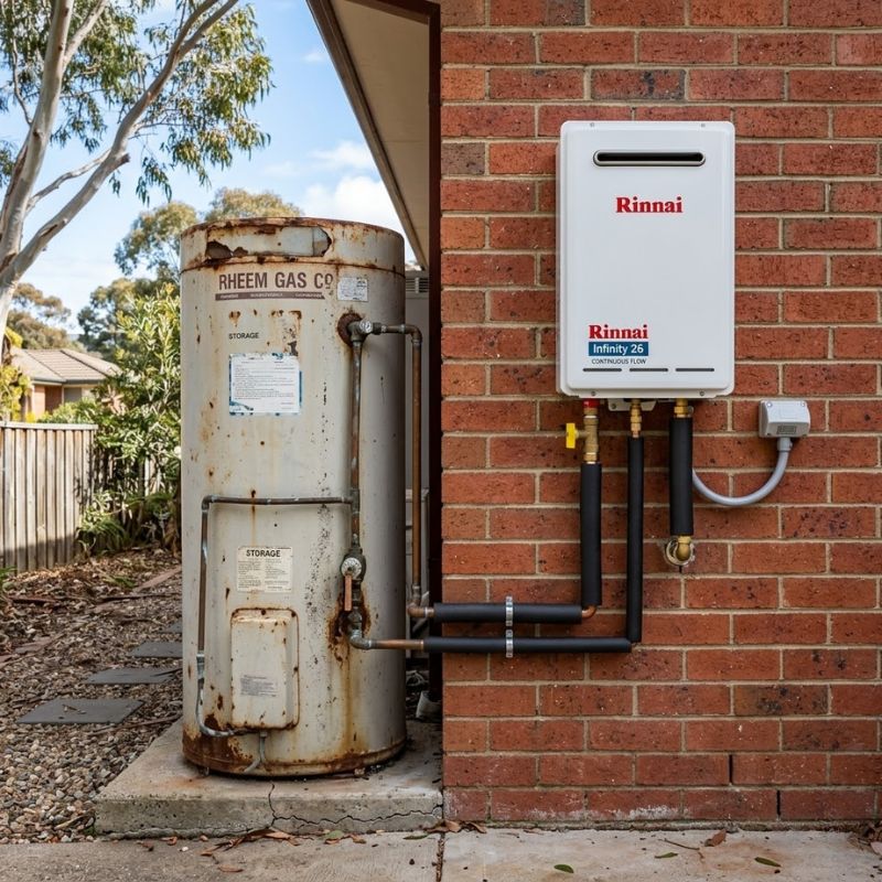 Old rusted Rheem gas storage hot water system standing beside a newly installed Rinnai Infinity 26 continuous flow gas hot water unit mounted on a red brick wall, showing the upgrade from an older storage tank to a modern tankless system.