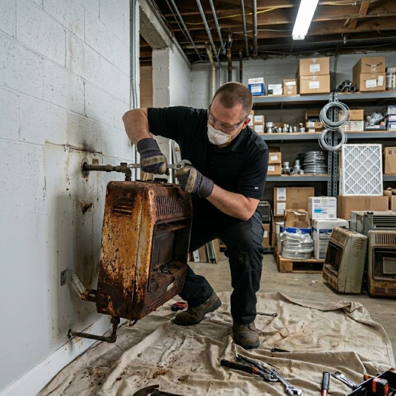 Old hot water unit being removed during an Aquamax hot water replacement