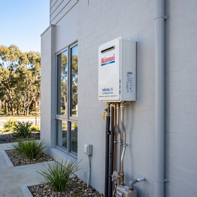Rinnai hot water systems Canberra continuous flow unit on a home exterior wall