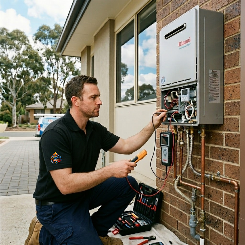 licensed technician testing a Rinnai hot water unit during a repair in Canberra