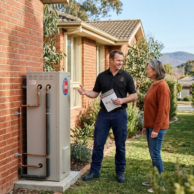 Licensed technician explaining a Rheem hot water system to a Canberra homeowner