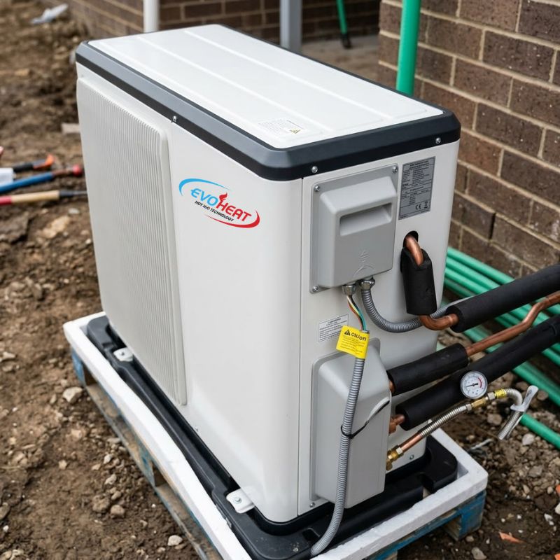 Close-up of an Evoheat heat-pump hot water unit ready for installation
