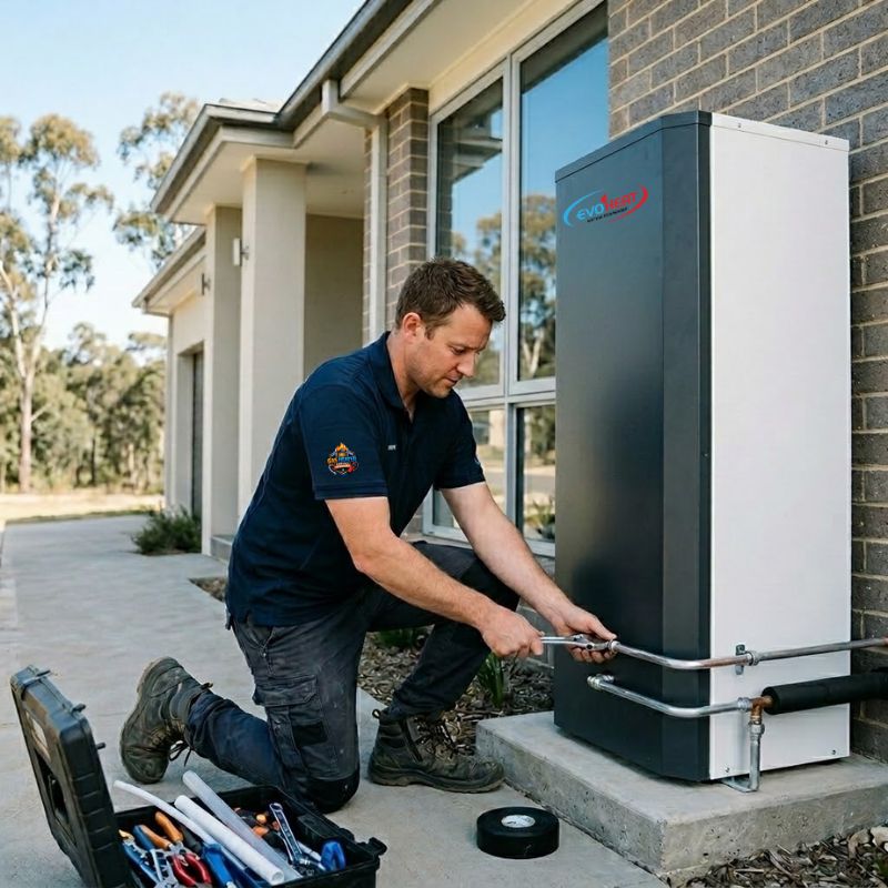 Local technician installing an Evoheat hot water system at a Canberra home