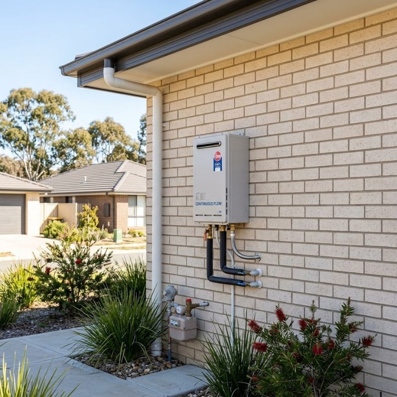 Newly installed Rheem continuous flow hot water unit outside Canberra residence