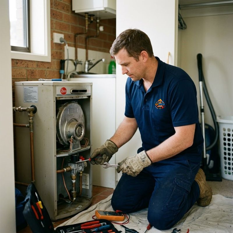 Licensed technician repairing Rheem gas hot water system in a Canberra home